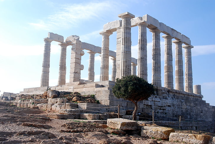 gray concrete landmark, Greece, Temple of Poseidon, ancient, Athens, temple, ruin, stone, pillar, HD wallpaper