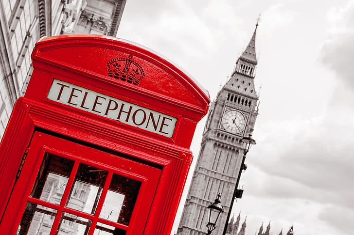 London, England, Britain, UK, red, red telephone box, selective coloring, telephone, Big Ben, phone box, Westminster, monochrome, HD wallpaper