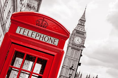 Londres, Angleterre, Grande-Bretagne, Royaume-Uni, rouge, cabine téléphonique rouge, coloration sélective, téléphone, Big Ben, cabine téléphonique, Westminster, monochrome, Fond d'écran HD HD wallpaper