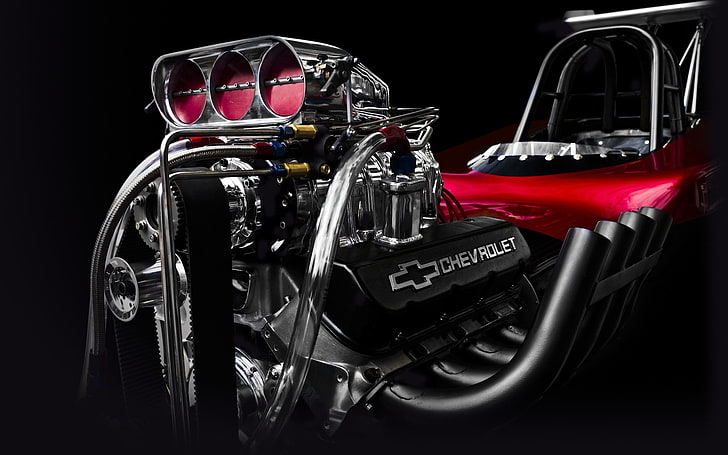 محرك سيارة شيفروليه باللونين الأسود والأحمر ، محركات ، محركات ، تقنية ، عادم محرك ، شيفروليه ، مواسير ، لولب ، تروس ، سيارة رياضية، خلفية HD