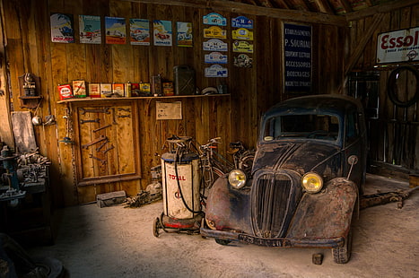 antique, automobile, car, garage, old, repair, rust, service, HD wallpaper HD wallpaper