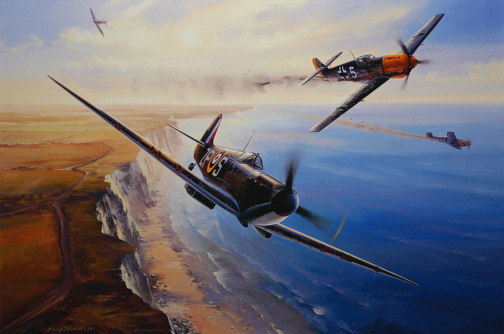 灰色と黒の戦闘機の絵画、航空機、戦争、アート、飛行機、絵画、航空、ドローイング、ww2、ドッグファイト、イギリスの戦い、スーパーマリンスパイファイア、メッサーシュミットbf 109、 HDデスクトップの壁紙