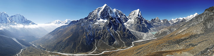 landskapsfotografering av blå och grå bergskedja, panorama, berg, landskap, natur, Mt. Taboche, HD tapet