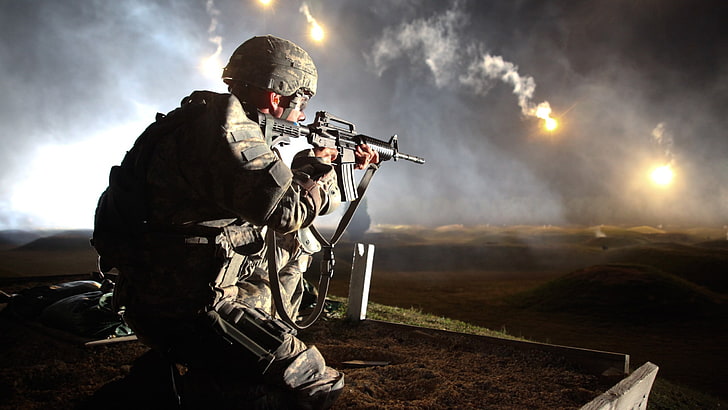 military, flares, United States Army, night, smoke, soldier, M4, HD wallpaper