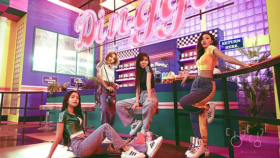 kvinnor, grupp kvinnor, asiatiska, neon, jeans, K-pop, sångare, Mamamoo, skor, HD tapet HD wallpaper