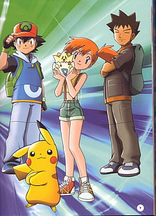 Ilustracja Pokemon Ash, Brock i Misty, Pokémon, Ash Ketchum, Misty, Pikachu, Togepi, Tapety HD HD wallpaper