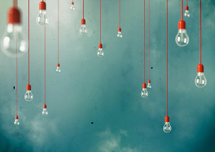 ciondolo rosso lgihts, minimalismo, opere d'arte, lampadina, nuvole, Sfondo HD