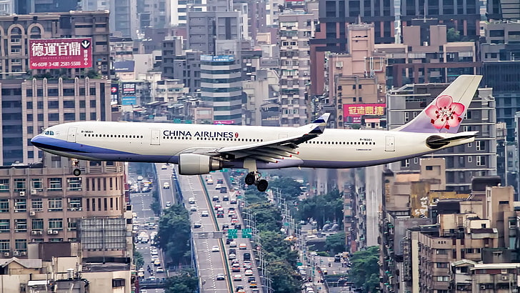 flight, the city, China Airlines, Airbus A330-300, HD wallpaper