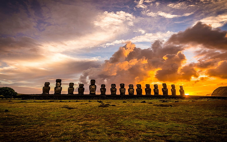 Chile, clouds, Enigma, grass, island, landscape, Moai, nature, Rapa Nui, Statue, sunrise, HD wallpaper