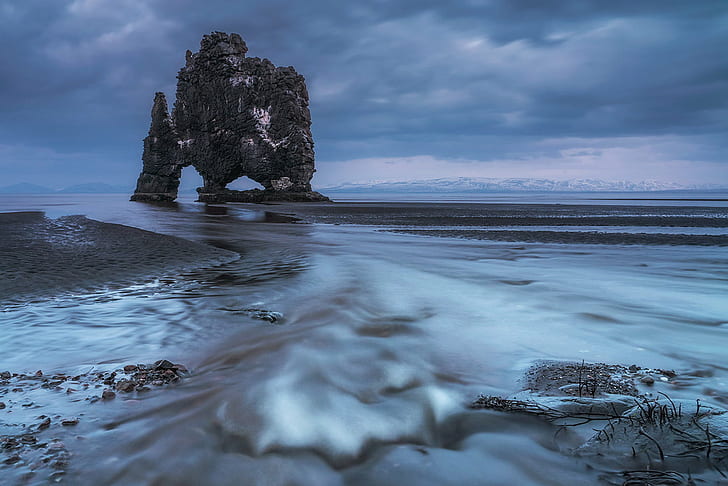 time lapse photo of rock formation on sea during daytime, iceland, iceland, Coastal, Giants, Hvitserkur, Iceland, time lapse, photo, rock formation, daytime, basalt, sea stack, beach, coast, twilight, blue hour, dusk, evening, cloud, water, rover, waves, sand, landscape, troll, long exposure, nature, HD wallpaper