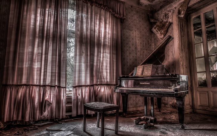 Room, piano, music, dust, brown grand piano, Room, Piano, Music, Dust, HD wallpaper