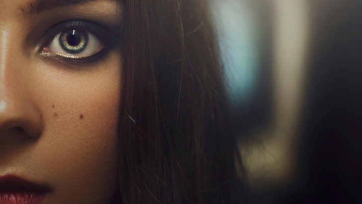 woman's black hair, eyes, brunette, closeup, blue eyes, moles, women, HD wallpaper