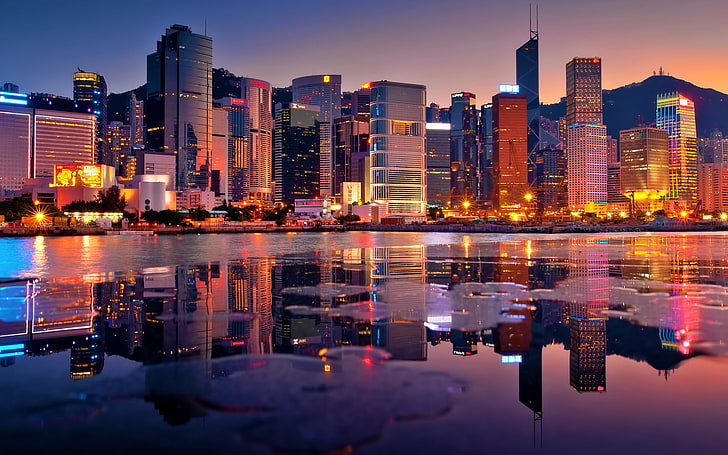 cityscape photo of buildings, hong kong, buildings, bay, skyscrapers, sunset, hdr, HD wallpaper