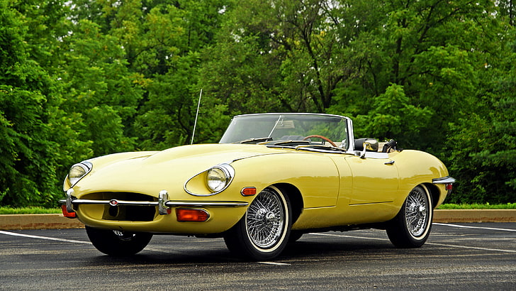 vintage yellow convertible coupe, jaguar, e-type, 1968, convertible, yellow, Wallpaper HD