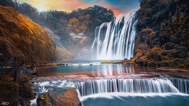 rochers, aube, cascade, Chine, Huangguoshu Waterfall, Guizhou, Fond d'écran HD
