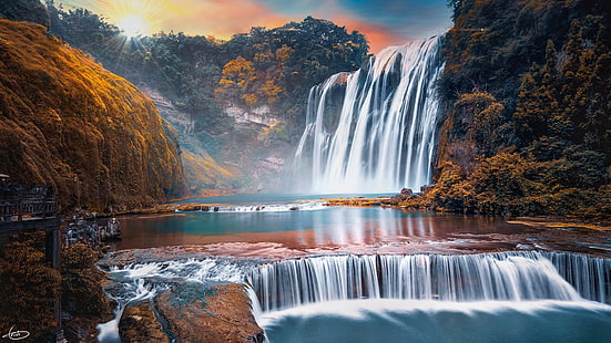 скалы, рассвет, водопад, Китай, водопад Хуангуошу, Гуйчжоу, HD обои HD wallpaper