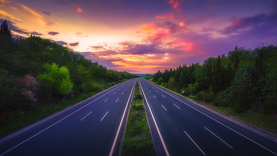 droga, autostrada, droga, wieczór, asfalt, Tapety HD HD wallpaper