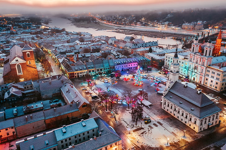 musim dingin, lanskap kota, kota, Kaunas, Lithuania, Wallpaper HD