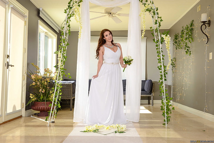Angela White, model, women, smiling, wedding dress, brunette, white dress, women indoors, standing, HD wallpaper