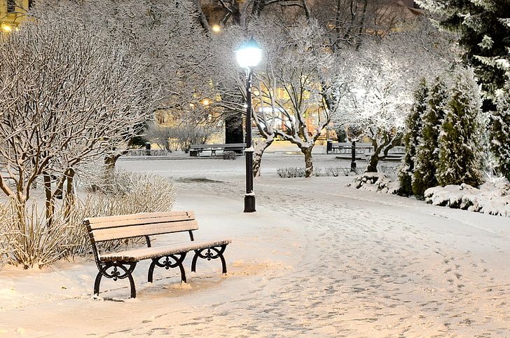 braune Holzbank, Winter, Licht, Schnee, Bäume, Bank, Natur, Park, am Abend, Geschäft, Lichter, HD-Hintergrundbild