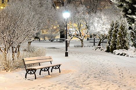 коричневая деревянная скамейка, зима, свет, снег, деревья, скамейка, природа, парк, вечер, лавка, фонари, HD обои HD wallpaper