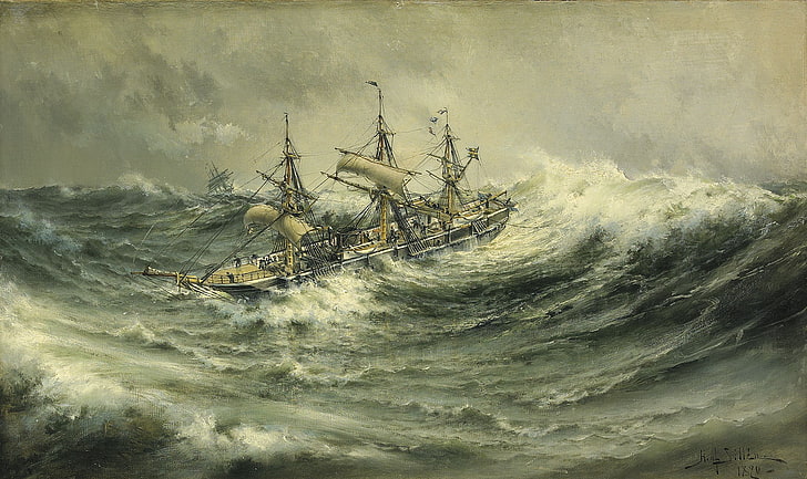 paisaje marino, Herman Gustav Sillen, Vivir es celebrar, Aguas negras., Un barco en una tormenta, Fondo de pantalla HD