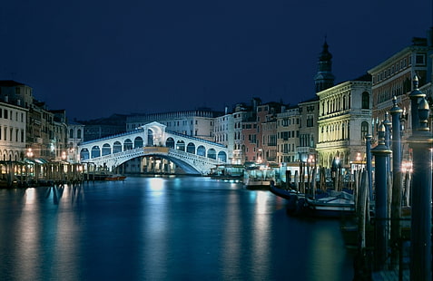 Мост Риальто, Гранд-канал, Италия, Венеция, Италия, архитектура, вечер, канал, здание, HD обои HD wallpaper