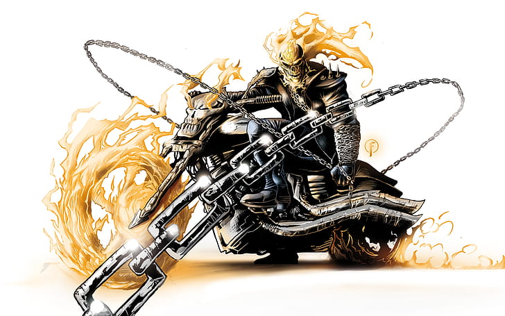 Ghost Rider Marvel Skull Fire Chains Motorcycle White HD, dessin animé / bande dessinée, blanc, feu, merveille, crâne, moto, fantôme, cavalier, chaînes, Fond d'écran HD