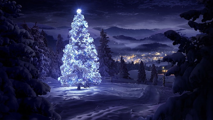 рождество, ёлка, пейзаж, гора, ночь, снег, деревья, зима, HD обои