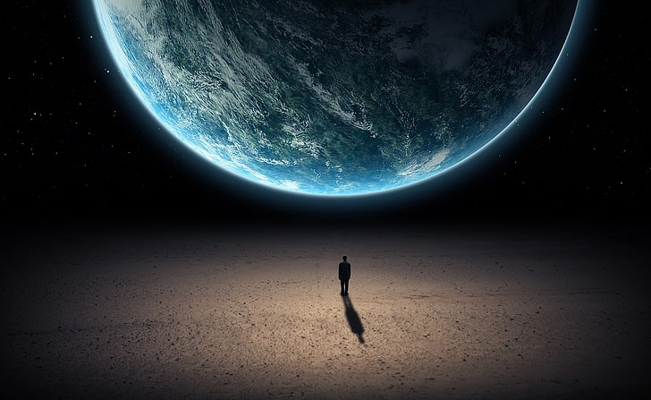 Alone In The Universe, człowiek stojący przed tapetą ziemi, kosmos, wszechświat, sam, Tapety HD