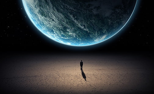 Сам във Вселената, човек, стоящ пред земния тапет, Космос, Вселена, Сам, HD тапет HD wallpaper