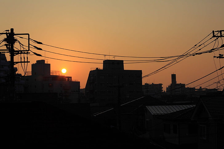building, city, hometown, house, japan, orange, powerline, shadow, sky, sun, sunrise, theme good morning, tokyo, HD wallpaper