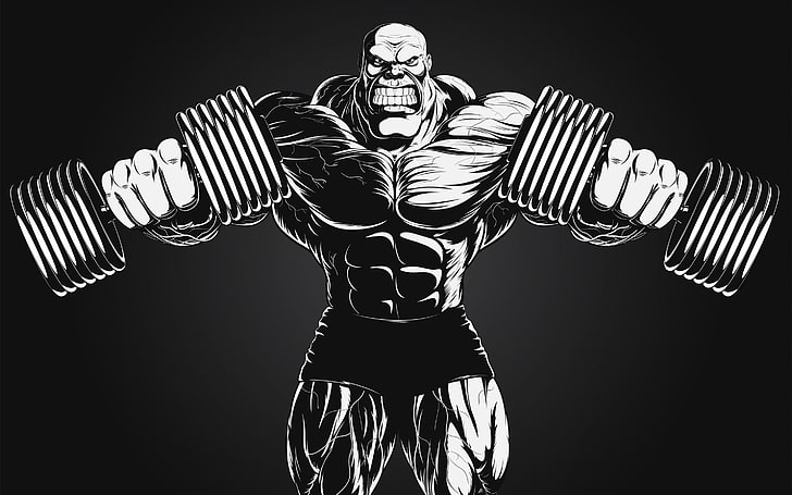 Bodybuilder svart bakgrund, man som lyfter två hantlar animerad illustration, sportar, annat, bodybuilder, HD tapet