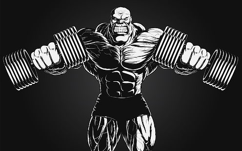 Bodybuilder-schwarzer Hintergrund, Mann, der zwei Dummköpfe anhebt, lebhafte Illustration, Sport, anderer, Bodybuilder, HD-Hintergrundbild HD wallpaper