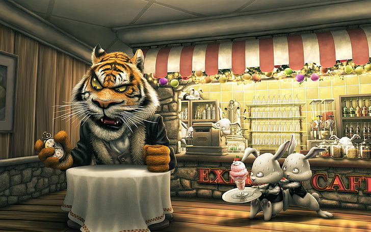 tiger and two bunnies digital wallpaper, tiger, humor, artwork, HD wallpaper