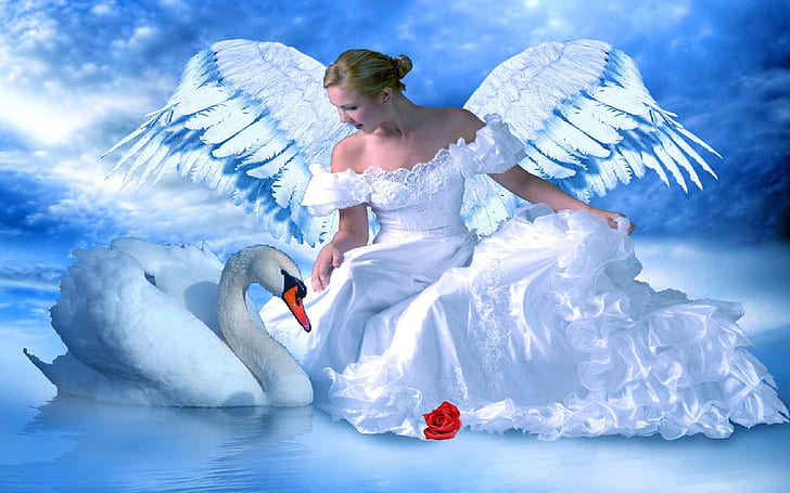 백조의 호수 파란 천사 소녀 빨간 장미 판타지 아트 아름다운 바탕 화면 배경 화면, HD 배경 화면