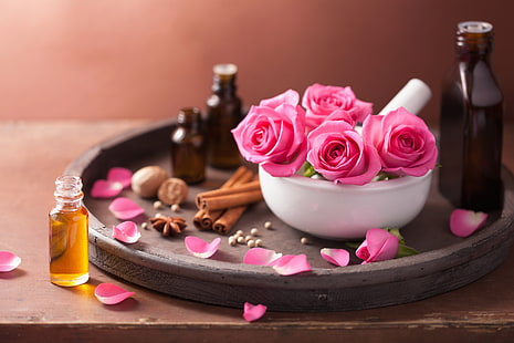 rosa rosblommor, blommor, rosor, kronblad, stilleben, rosa blommor, spa, HD tapet HD wallpaper