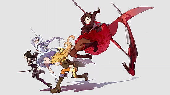 dziewczyna trzymająca kosę ilustracja, Anime, RWBY, Blake Belladonna, Ruby Rose (RWBY), Weiss Schnee, Yang Xiao Long, Tapety HD HD wallpaper