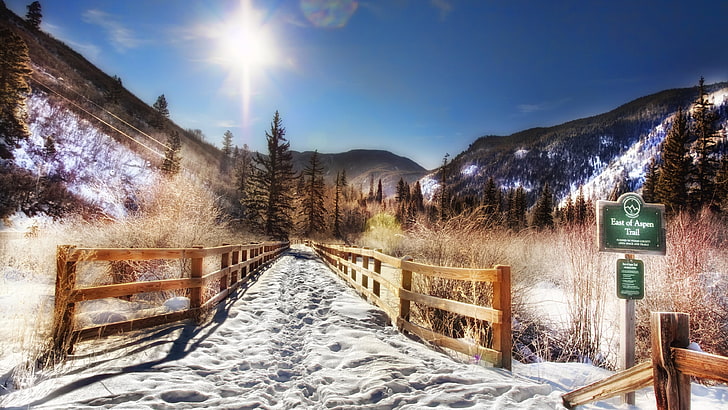 pagar kayu coklat, alam, lanskap, Aspen, salju, pohon, hutan, sinar matahari, pegunungan, pagar, Colorado, Wallpaper HD