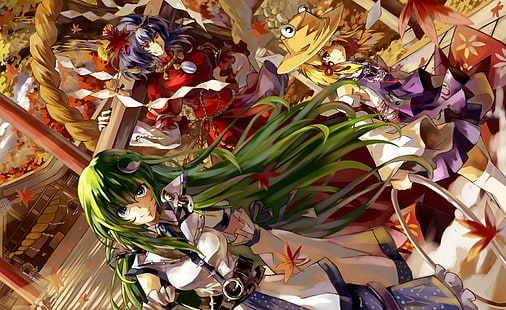 anime, mädchen, kanako, kochiya, blätter, moriya, sanae, suwako, touhou, yasaka, HD-Hintergrundbild HD wallpaper