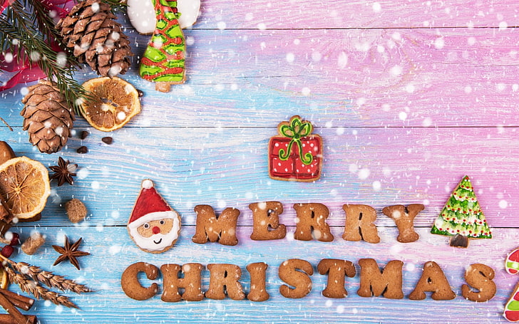 Joyeux Noël !, craciun, bonbons, noël, nourriture, dessert, carte, pain d'épice, rose, bleu, Fond d'écran HD