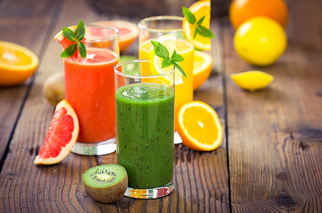 orange, kiwi, juice, glasses, drinks, mint, grapefruit, fresh, HD wallpaper HD wallpaper