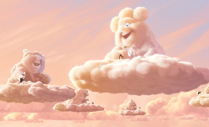Partly Cloudy, white clouds illustration, Cartoons, Others, Illustration, partly cloudy, stork, storks, pink clouds, happy clouds, HD wallpaper