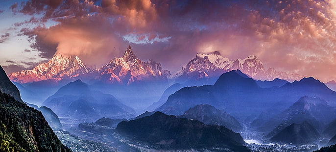 puncak bersalju, Nepal, Himalaya, awan, matahari terbenam, pemandangan, alam, kabut, biru, lembah, desa, pegunungan, langit, Wallpaper HD HD wallpaper