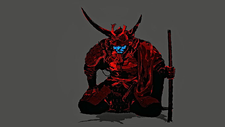 Karya seni potret Samurai, samurai, merah, biru, topeng, minimalis, Bilah Ronin, Cannibal Ox, Wallpaper HD