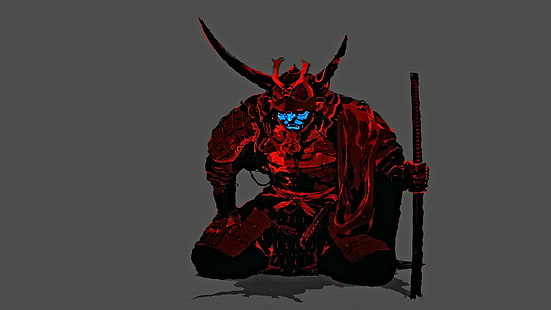 Arte-final do retrato de samurai, samurai, vermelho, azul, máscara, minimalismo, lâmina do Ronin, boi canibal, HD papel de parede HD wallpaper