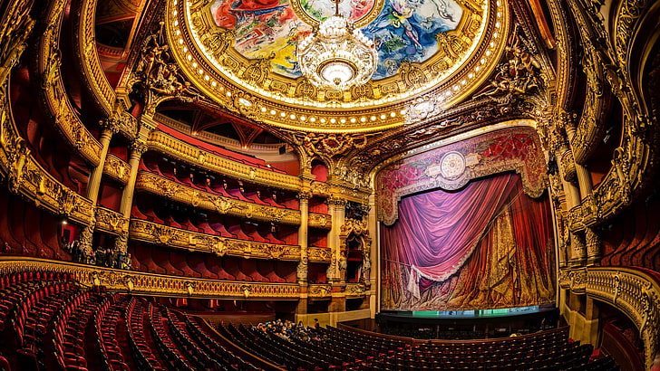 red and gold stage, scene, Paris, chandelier, theatre, Opera, hall, HD wallpaper