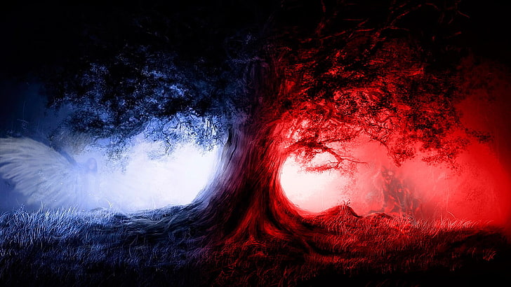 ภาพวาดต้นไม้ต้นไม้ธรรมชาตินางฟ้าปีศาจศิลปะแฟนตาซี, วอลล์เปเปอร์ HD