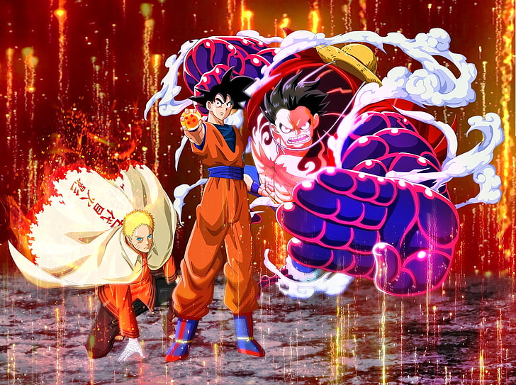 Cartel de Goku, Luffy y Naruto, crossover, Son Goku, Monkey D. Luffy, Uzumaki Naruto, Boruto: Naruto Next Generations, One Piece, Dragon Ball, Jump Force, Fondo de pantalla HD