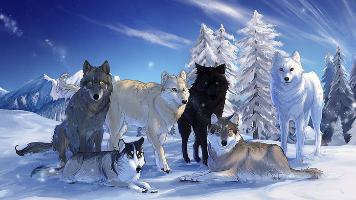 wolf pack illustration, winter, the sky, snow, trees, mountains, nature, drawings, wolves, HD wallpaper